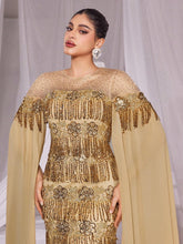 Rhinestone Detail Extra-Long Sleeves Fringed Sequin Prom Dress